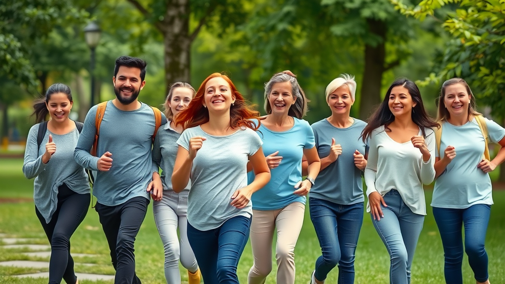 group performing exercise for longevity brisk walking in a city park