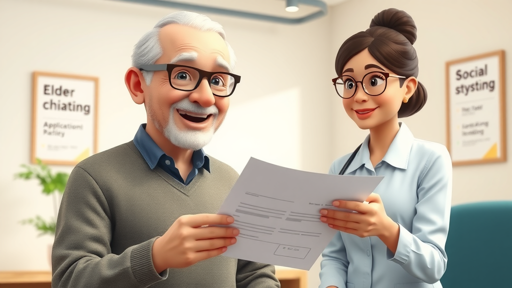 Hopeful elderly man reviewing assistance program application with helpful social worker, senior healthcare services