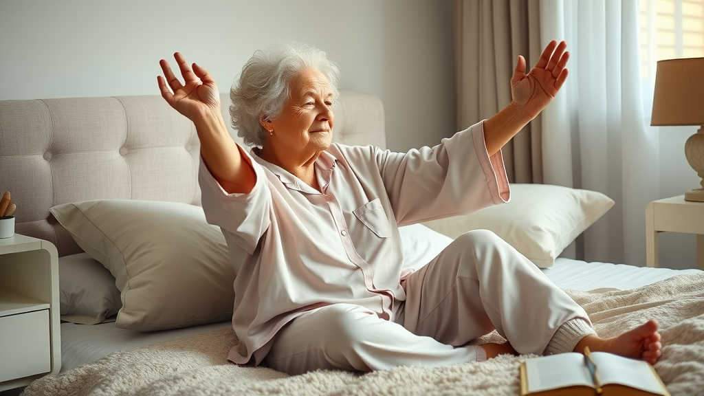 peaceful elderly woman doing gentle bedtime stretching as a proven sleep habit for older adults