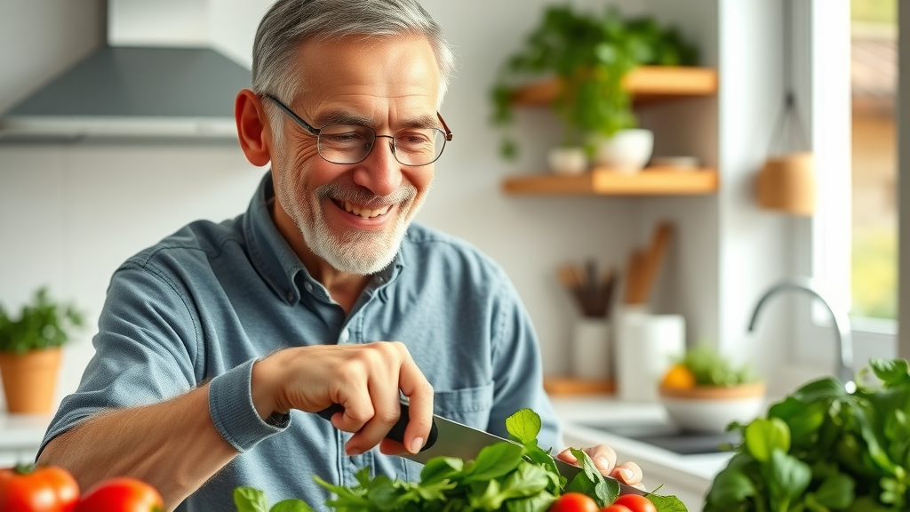 repair prostate naturally, healthy eating, senior slicing salad vegetables