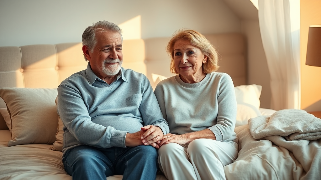 Sincere senior couple holding hands on bed, senior mental wellness and sleep, cozy bedroom