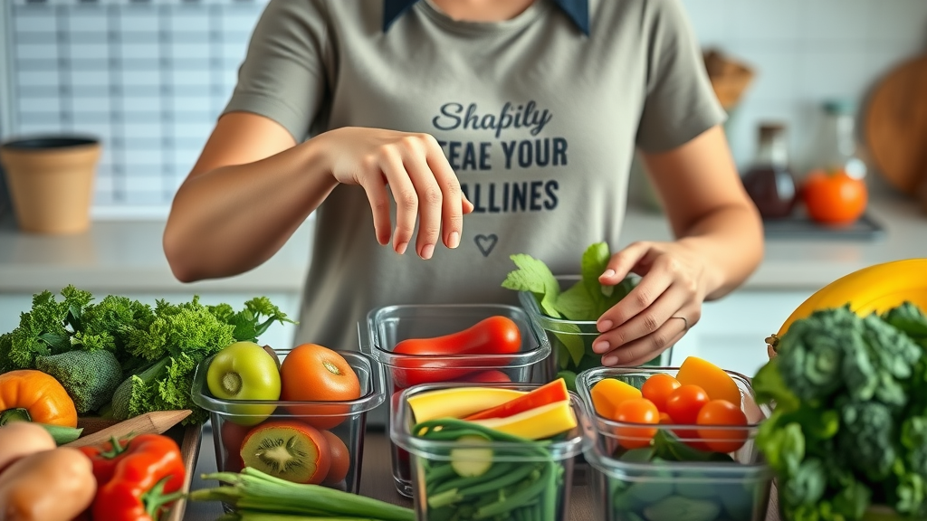 organized daily meal prep with whole foods, fruits, veggies, supporting healthy gut habits in kitchen