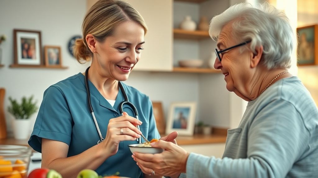 Nurse assisting senior with nutritious meal choices; overcoming common senior nutrition challenges