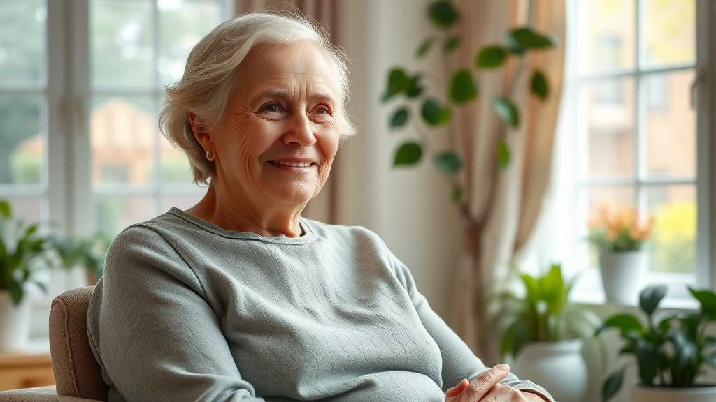 Thoughtful elderly woman, gentle smile, sitting peacefully in a bright and cozy living room, mental health in seniors