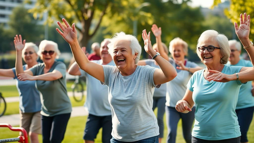 diverse group of older adults healthy aging in community fitness class outdoors in modern city park