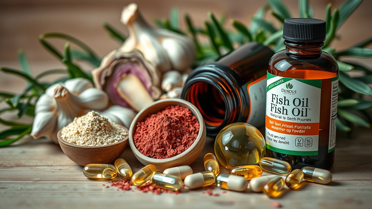 natural supplements lower cholesterol with red yeast rice powder, garlic, artichoke, fish oil capsules on a table