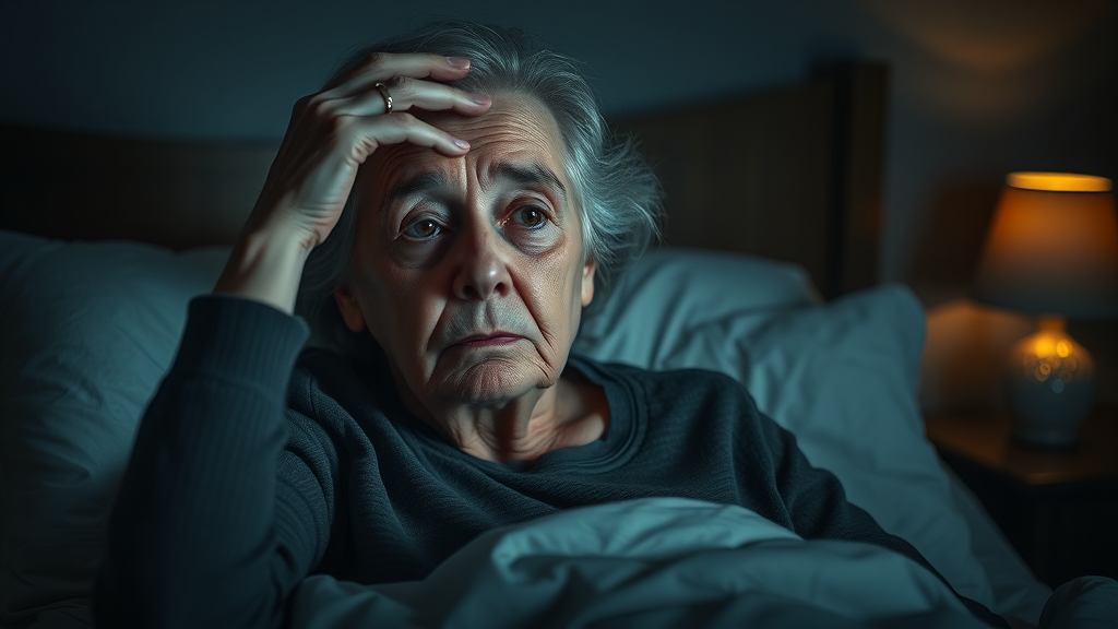 chronic insomnia elderly sleep disorders elderly woman with worried expression insomnia sitting up in bed hand to forehead awake in dark cinematic moody lighting restlessness