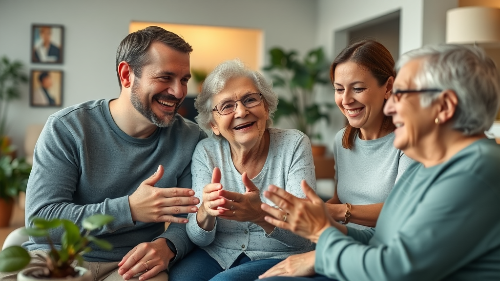 Supportive family and older adult bonding together in assisted living facility