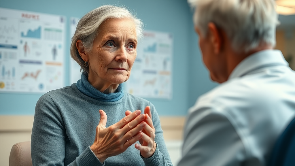 preventive health for seniors—concerned senior woman consulting with a caring doctor in a detailed medical office