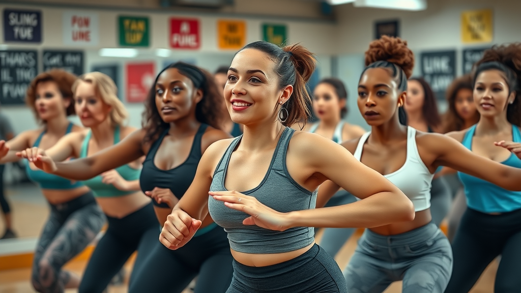 Group of women engaged in aerobic fitness class to lose belly fat, showing determination and movement.