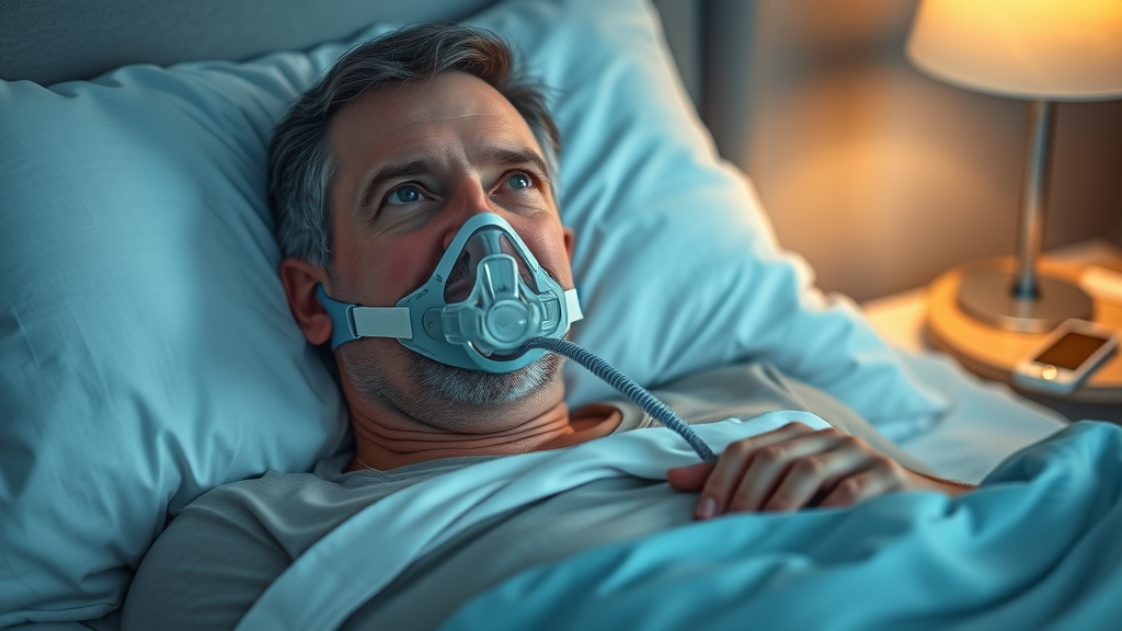 sleep apnea in older adults, mature man lying in bed with CPAP mask, sleep tracking devices on nightstand
