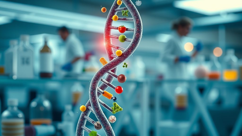 Healthy aging and longevity: DNA helix intertwined with icons for healthy food and exercise, showing science and lifestyle connection