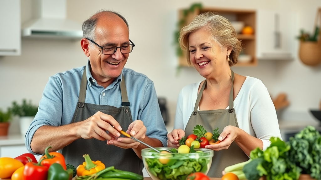 Smiling senior couple, cooking healthy food together, improving mental health in seniors