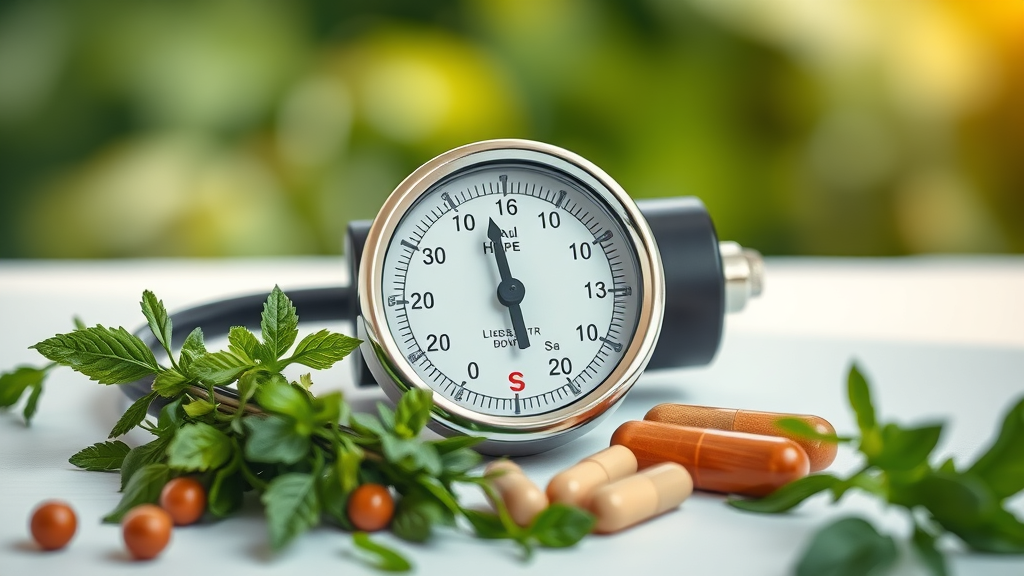 Natural high blood pressure supplements with herbs and supplements capsules near a blood pressure gauge