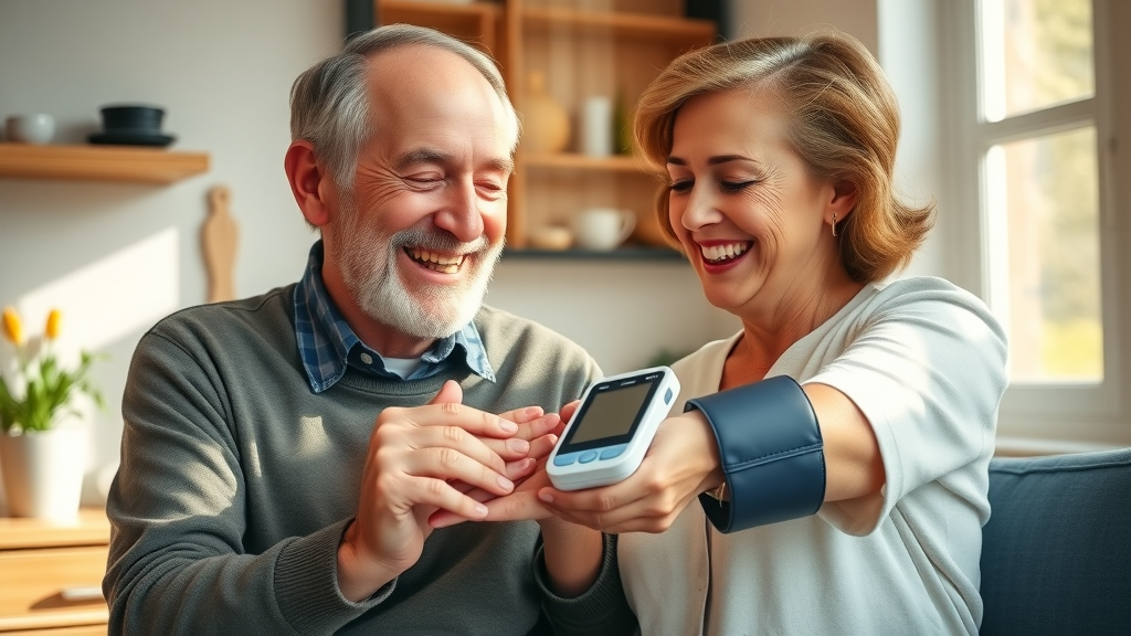 Senior couple checking blood pressure at home after using natural supplements