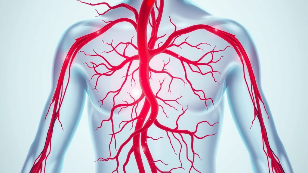 diagram of healthy human blood vessels, showing supplement particle effects and vasodilation in arteries