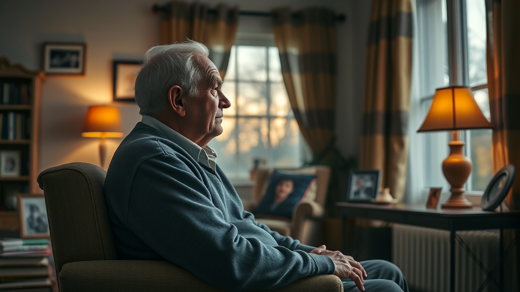 elderly man alone in living room due to insomnia in seniors, illustrating impact of social isolation and mood changes