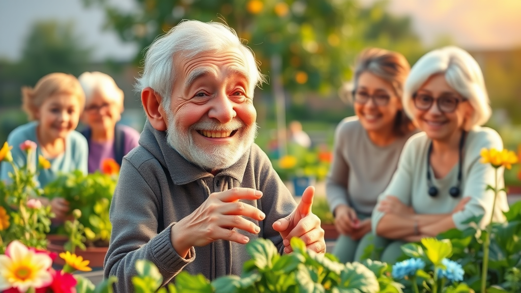 Wise elderly individual gardening in a community setting, sharing longevity secrets with neighbors