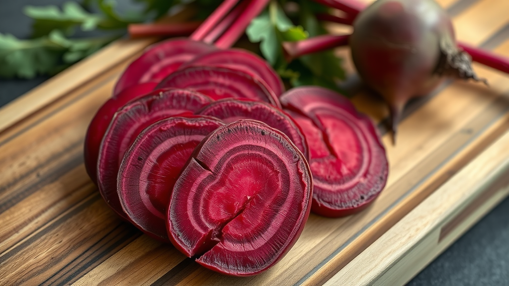 Close-up of sliced beetroot on rustic wood, rich in nitrates, supporting natural energy supplements and production