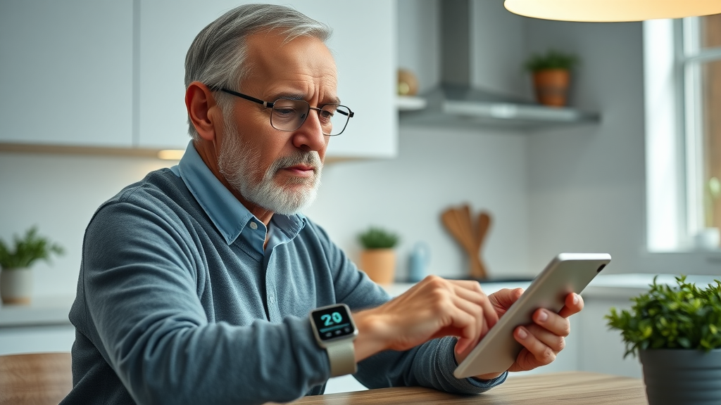 modern elderly man healthy aging wearing smartwatch using tablet in modern kitchen