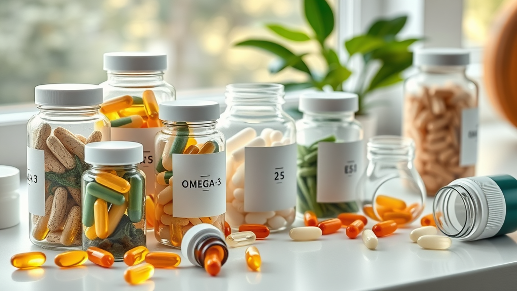Dietary supplements for elderly: glass jars of vitamins, omega-3 capsules, and herbal supplements on a sunlit kitchen counter.