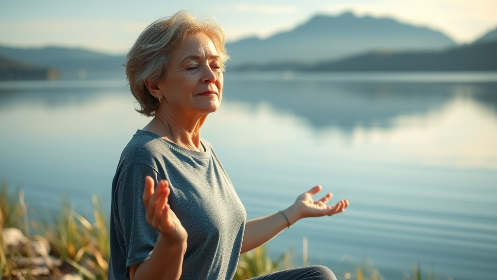 Middle-aged woman practicing yoga meditation by a tranquil lakeside, stress reduction for longevity secrets