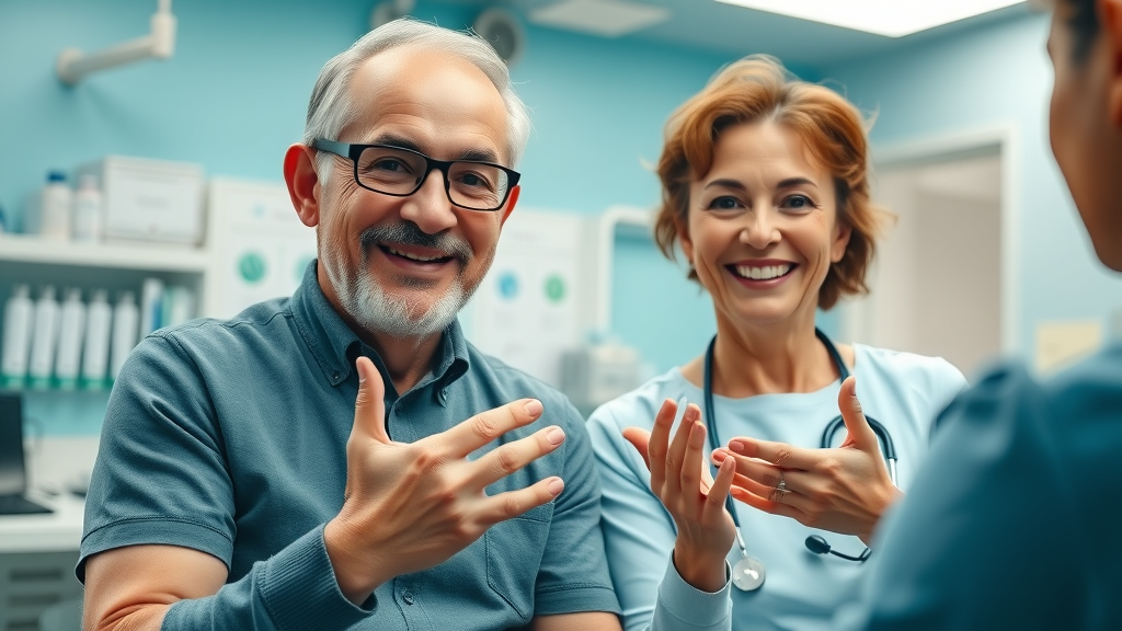 preventive health for seniors—active senior couple at a health check-up with confident smiles and supportive medical staff