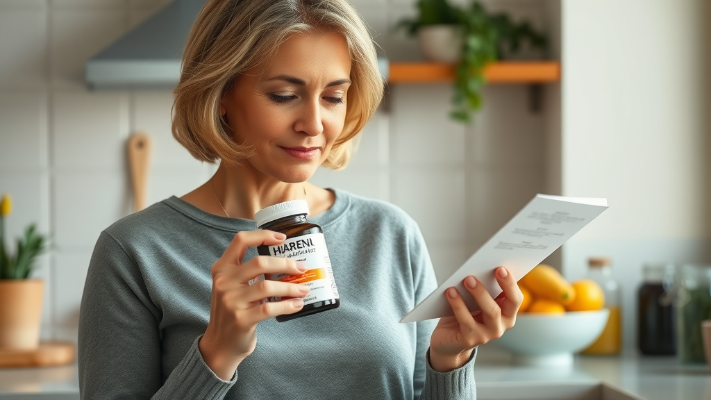 middle-aged woman considering natural supplements menopause dietary supplement for relief of menopausal symptoms in the kitchen