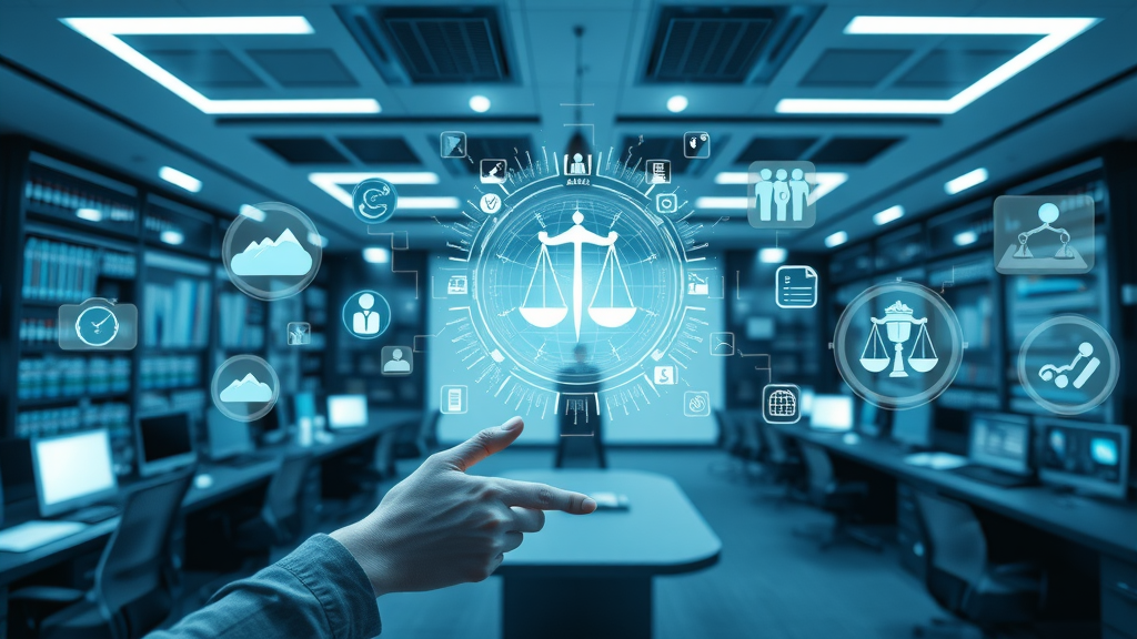 abstract legal technology integration, unified digital dashboard, seamless connection of law office automation tools and legal workflow, blue white futuristic law firm interior