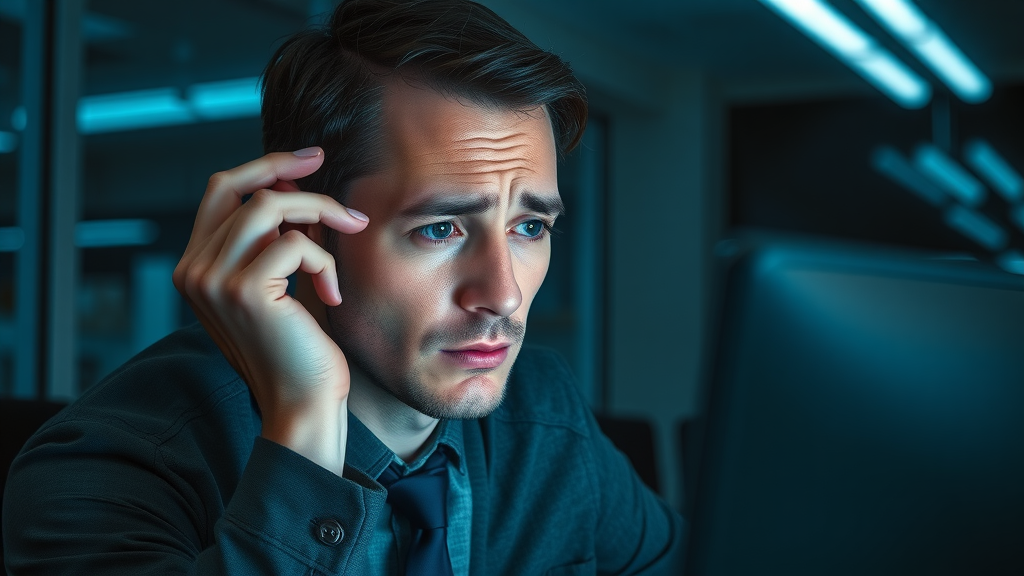 tired professional experiencing sleep deprivation, cognitive function decline at desk in late-night office