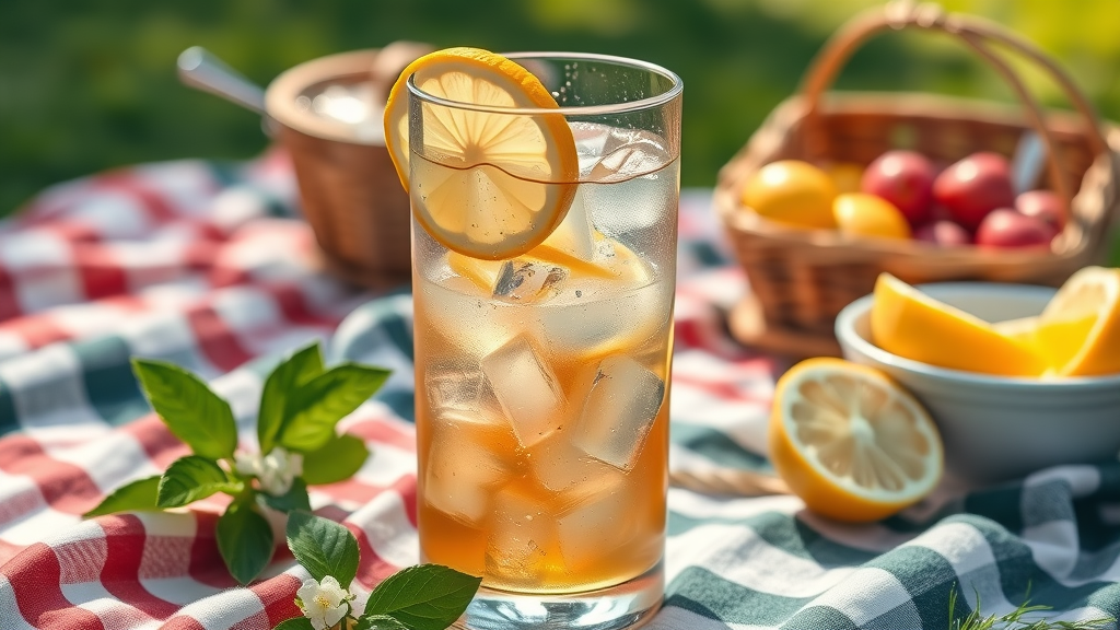 unsweetened iced tea weight loss drink with lemon and ice at an outdoor picnic