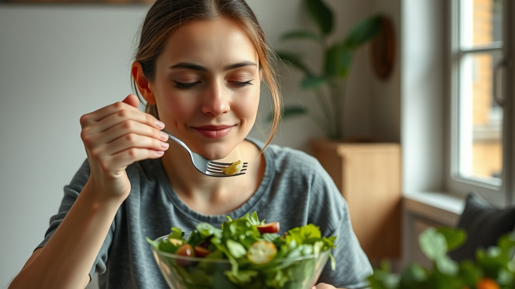 mindful eater savoring healthy salad - lose weight naturally with mindful eating