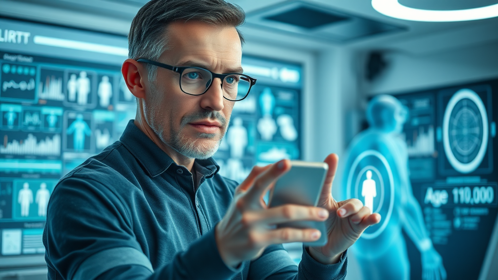 Curious adult analyzing health data with a futuristic biological age scanner