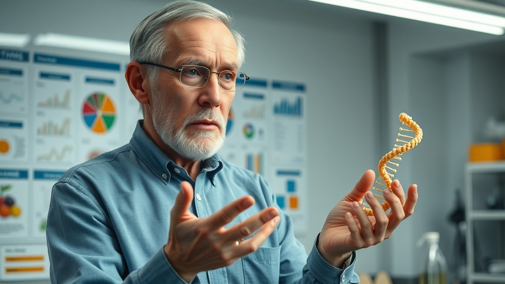 aging and nutrition scientific visualization elderly nutritionist explaining nutrition with model foods and DNA strand