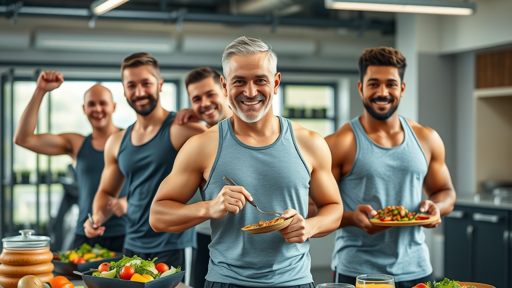 diverse men exercising and preparing healthy meals to boost low testosterone naturally