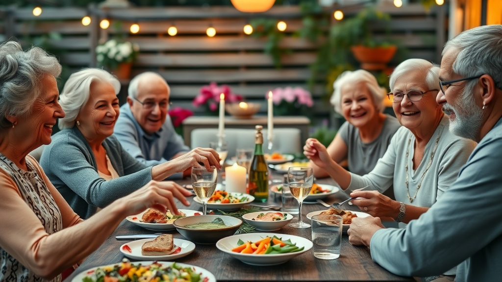 happy older friends group healthy aging sharing a healthy meal at a rustic outdoor dinner table