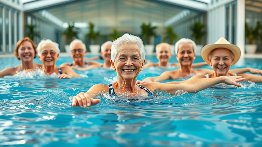 happy elderly group performing aquatic exercises, physical activity for elderly, water aerobics for older adults, bright indoor pool