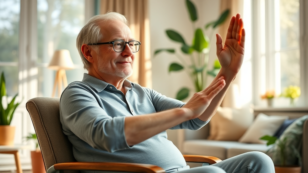 content elderly man practicing gentle chair yoga, low-impact physical activity for elderly, bright living room
