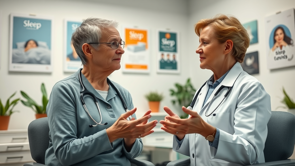 sleep habits of older adults, healthcare professional consulting with older woman, cozy doctor