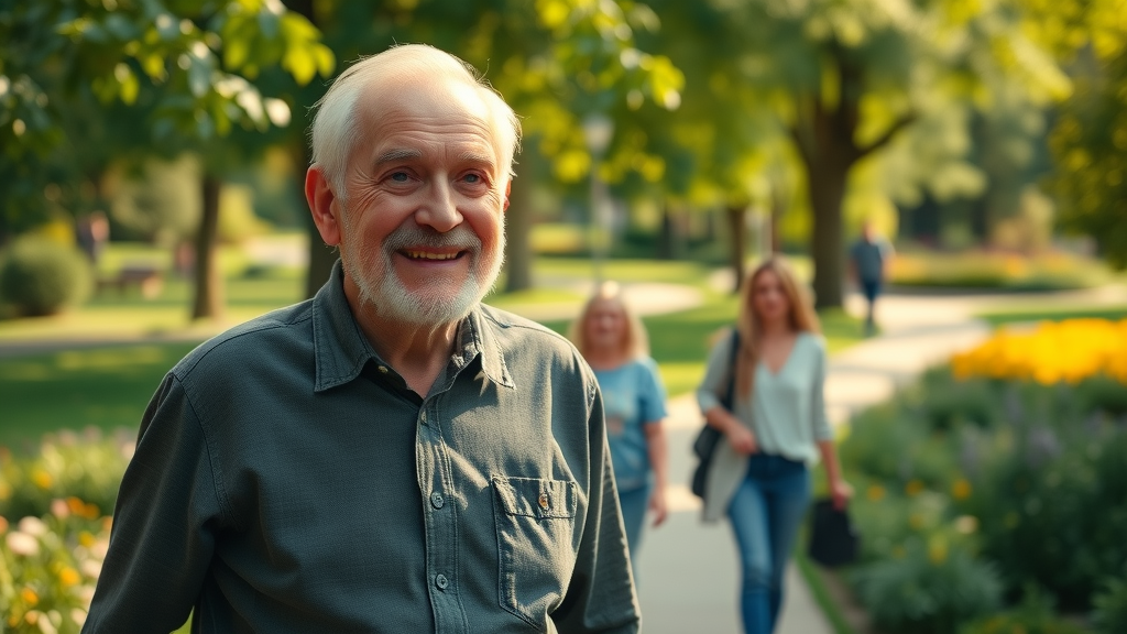 preventive health for seniors—elderly man walking in a park with friends, representing increased life expectancy from preventive care