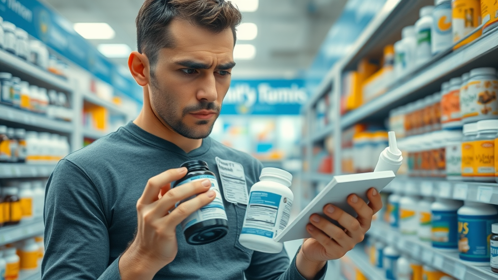 Confused shopper comparing menopause supplement ingredients and labels