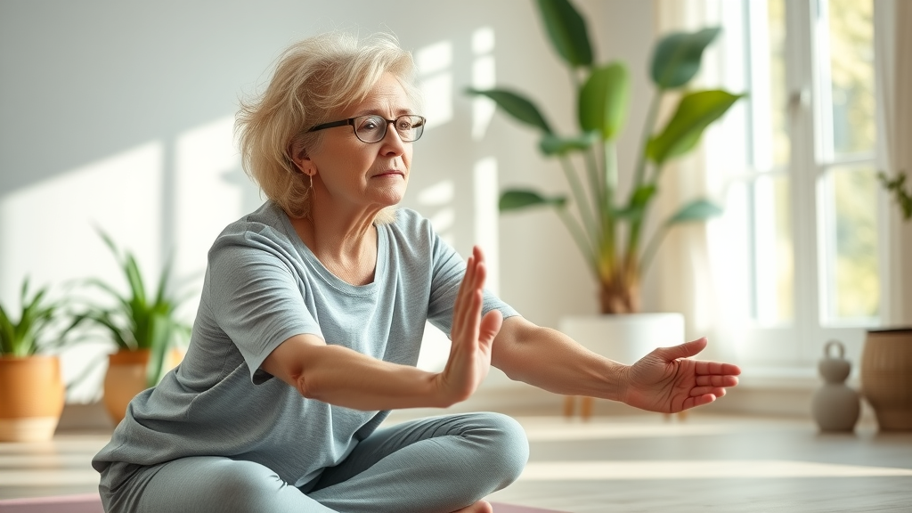 older adult active senior woman practicing gentle yoga for senior health at home
