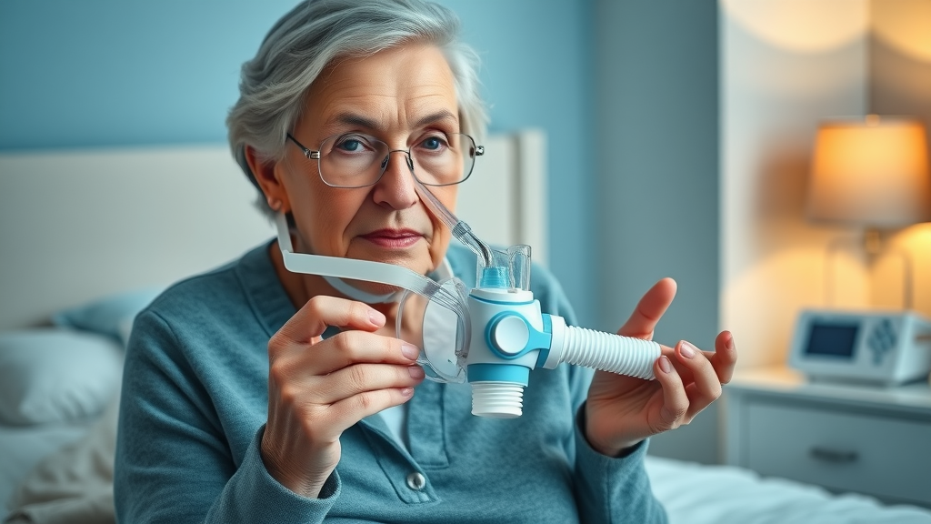 cpap treatment elderly sleep disorders elderly woman demonstrating cpap mask educational bedroom photorealistic medical device on nightstand