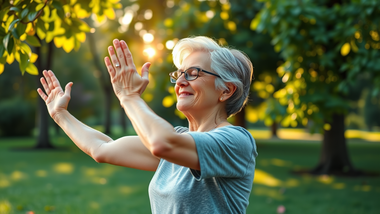 mature woman practicing yoga for menopause symptom relief and lifestyle integration with natural supplements outdoors in lush park
