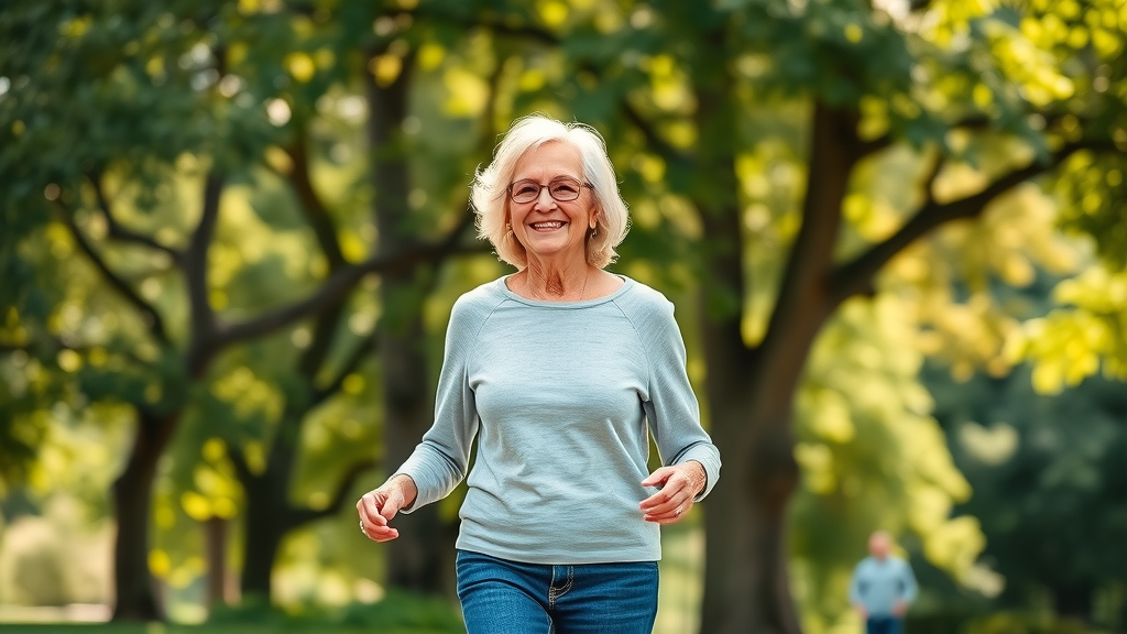 senior couple walking energetically in the park, representing healthy lifestyle and gut health for seniors