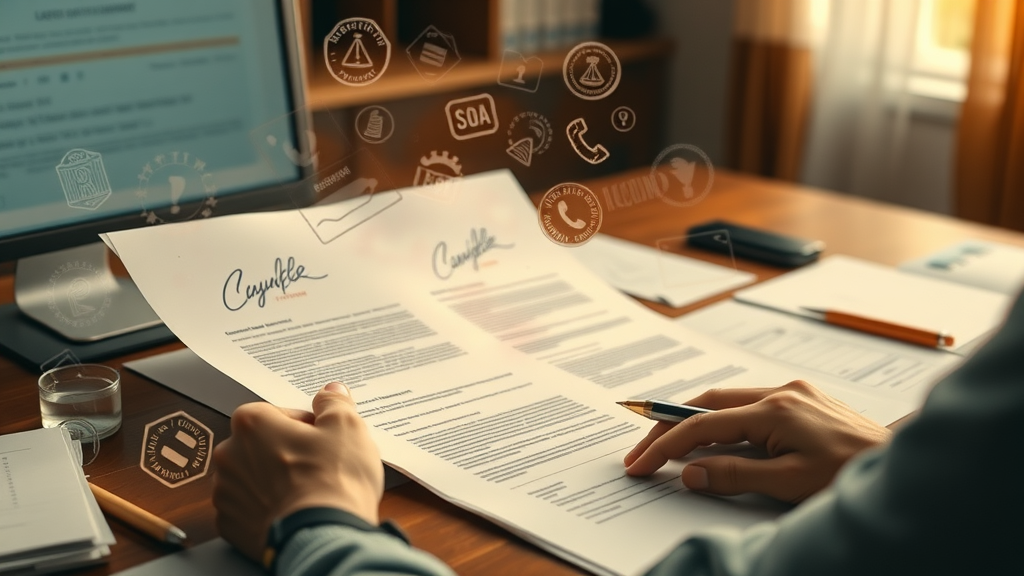 legal documents transforming digitally with document automation in law office, animated digital signatures, desk with digital files