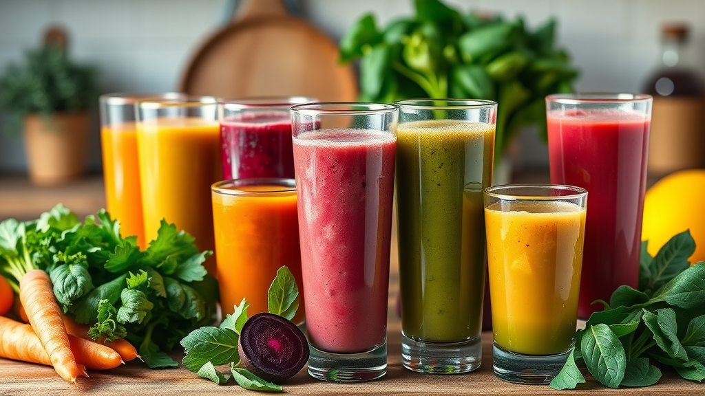 vegetable juice weight loss drinks with carrots, spinach, beets, and celery on a rustic kitchen counter