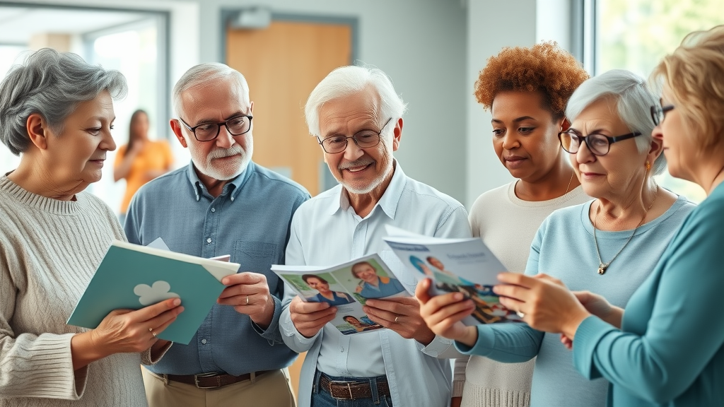 preventive health for seniors—diverse older adults reviewing healthcare pamphlets in a modern clinic