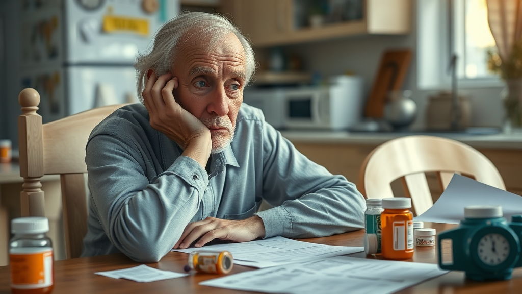 Concerned senior man tired at kitchen, effects of poor sleep habits on mental health and quality sleep