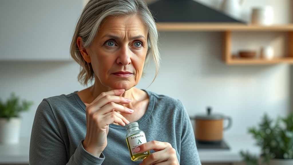 Concerned woman holding supplement bottle reviewing side effects of herbal medicine for weight loss